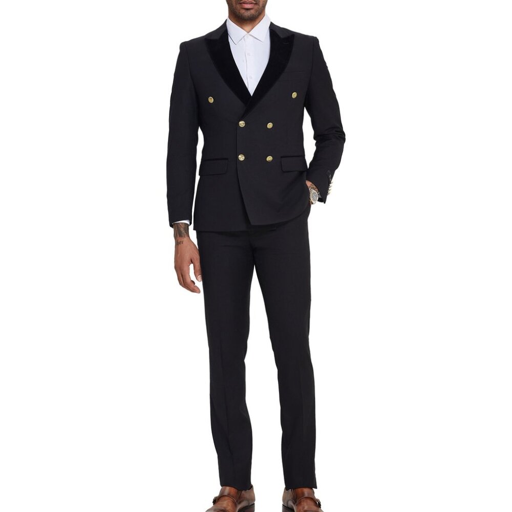 Black Double Breasted Velvet Peak Lapel Skinny Fit Tazzio Men's Suit
